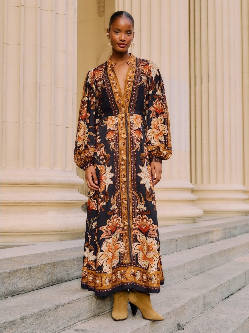 Farm Rio Black Majestic Garden Buttoned Puff Sleeve Maxi Dress
